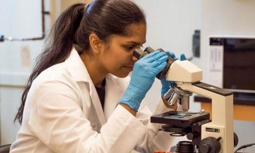 woman scientist looking into microscope